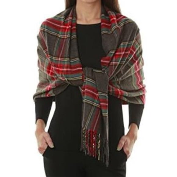 Grey Oversized Tartan Scarf for Women – Cashmere-Feel Winter Shawl 80" x 30" - Picture 4 of 5